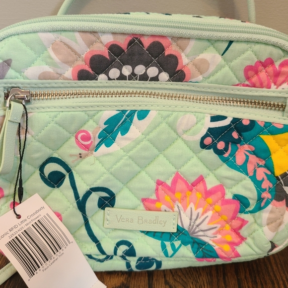 Vera Bradley Iconic RFID Little Crossbody Mint Flowers NEW - Picture 2 of 5